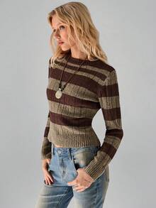 SHEIN TRNDY 1 件女式套头毛衣，棕色，复古简约通勤风格，圆领，拼色条纹长袖，针织，休闲，秋冬 - 棕色 - 查看 8