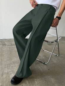 Manfinity Hypemode Men's Solid Color Toothpick Stripe Design Loose Fit Casual Pants Wide Leg Pants - Army Green - View 4