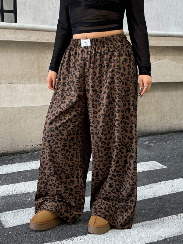 Muchica Plus Size Leopard Corduroy Pants, Casual Wear For Dates And Commuting, Autumn/Winter,Fall /Autumn/Winter,Christmas,New Year,Thanksgiving,Party,Wedding,Beach,Graduati,Chic,Elegant,Casual,Going Out,Date,Appointment,Commute