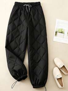 Franclia 大码秋冬绗缝纯色高腰抽绳休闲裤 - 黑色 - 查看 1