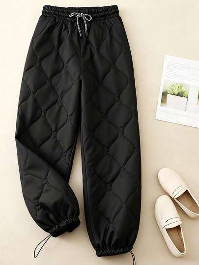 Franclia 大码秋冬绗缝纯色高腰抽绳休闲裤