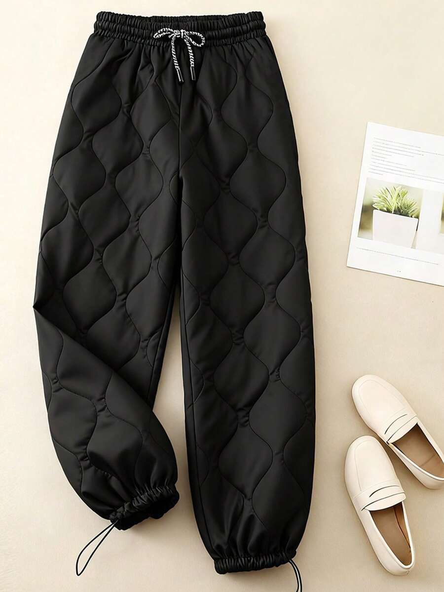 Franclia 大码秋冬绗缝纯色高腰抽绳休闲裤 - 黑色 - 查看 1