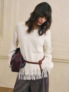 Cévolie Pull casual à franges pour femmes, couleur unie, polyvalent pour l'automne/l'hiver - Nude - Voir 6