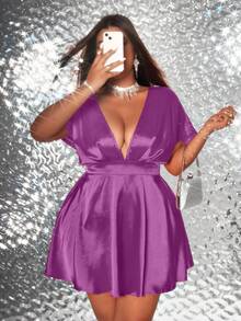 Viva Relle Plus Size Sexig Romantisk Enfärgad Miniklänning - Mauve Lila - Visa 3