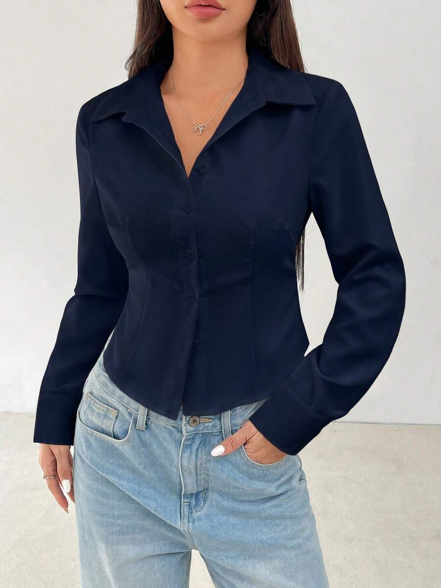 SHEIN PETITE 女士纯色长袖修身前开襟休闲衬衫 - 藏蓝色 - 查看 1