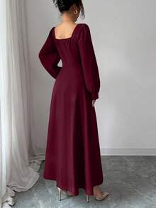 Elenzga 女士优雅方领泡泡袖束腰长裙，适合日常通勤 - 酒紅色 - 查看 2