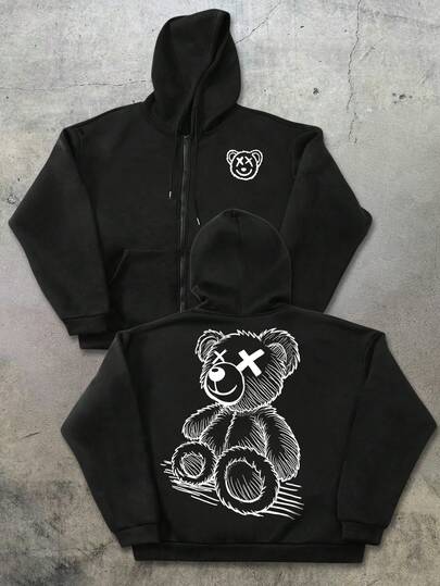 Manfinity EMRG 男士加大码时尚街头风拉链连帽卫衣，经典抓绒面料，质感丰富，宽松版型，低调时尚，经典格纹图案，复古韵味，适合休闲、街头、文化活动、户外运动、校园穿着、节日礼物等场合，男女皆宜的黑色印花连帽衫，Y2K风格拉链连帽衫，街头风拉链长袖上衣