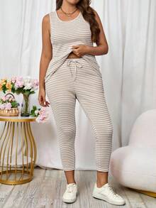 EMERY ROSE Conjunto de 3 piezas talla grande: Chaqueta de manga larga de punto acanalado de unicolor, chaleco de cuello redondo y pantalones casuales con lazo delantero, conjunto de otoño para mujer - Albaricoque - Ver 5