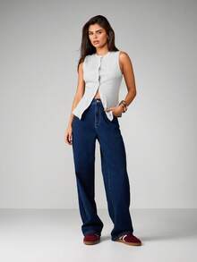 MISSGUIDED Celana Jeans Wanita Model High Rise Wide Leg - Celana Palazzo Denim Vintage dengan Jahitan Kontras - Bawahan Kasual Musim Gugur dan Musim Dingin - Biru - View 5
