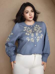 Dazy Plus Plus Size Women Open Front Casual Loose Graphic Print Shirt, Blue, Spring/Autumn Carnival - Blue - View 7