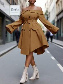 Slaydiva Robe asymétrique à épaules dénudées et double boutonnage pour femmes grandes tailles, couleur unie, robe kaki d'automne pour femmes, robe marron café, robe marron élégante pour femmes - Marron - Voir 4