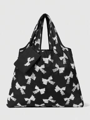 ROMWE Kawaii Fashion All-Over Bow Pattern Storage Bag, Large Capacity Portable Foldable Shopping Tote Bag With Coin Purse