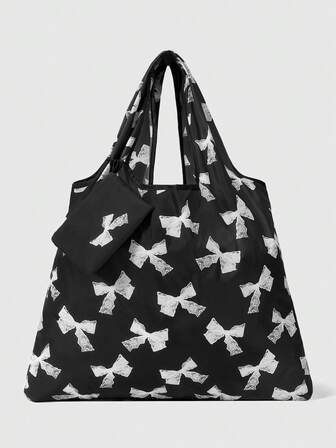 Kawaii حقيبة تخزين ذات نمط عقدة الفراشة عصري بحجم كبير، حقيبة تسوق قابلة للطي محمولة بجيب للعملات