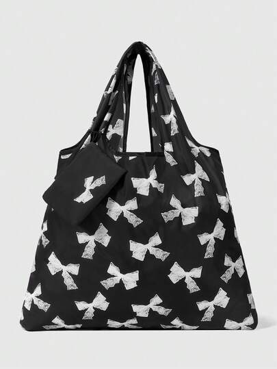 Kawaii Fashion All-Over Bow Pattern Storage Bag, Large Capacity Portable Foldable Shopping Tote Bag With Coin Purse