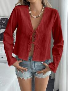 Chiquease （100% 纯棉）纯色系带前落肩衬衫假日纯色梭织宽松常规女式喇叭袖衬衫