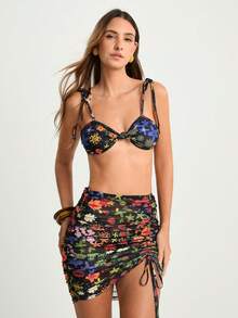 CAJUNI Maiô Bikini de duas peças com estampa floral colorida em todo o tecido, para mulheres, casual, para férias, natação, praia, beira-mar, looks de praia femininos - Multicolorido - Visão 8
