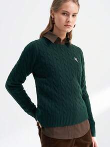 Airaco Pony Knitted Twist Rope Crew Neck Sweater - Dark Green - View 1