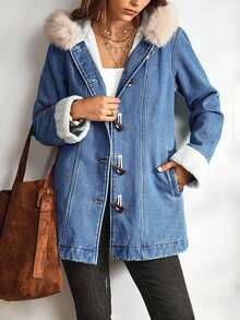 EMERY ROSE Women's Casual Denim Jacket With Fur Collar And Horn Buttons, Autumn/Winter - Blue - View 1