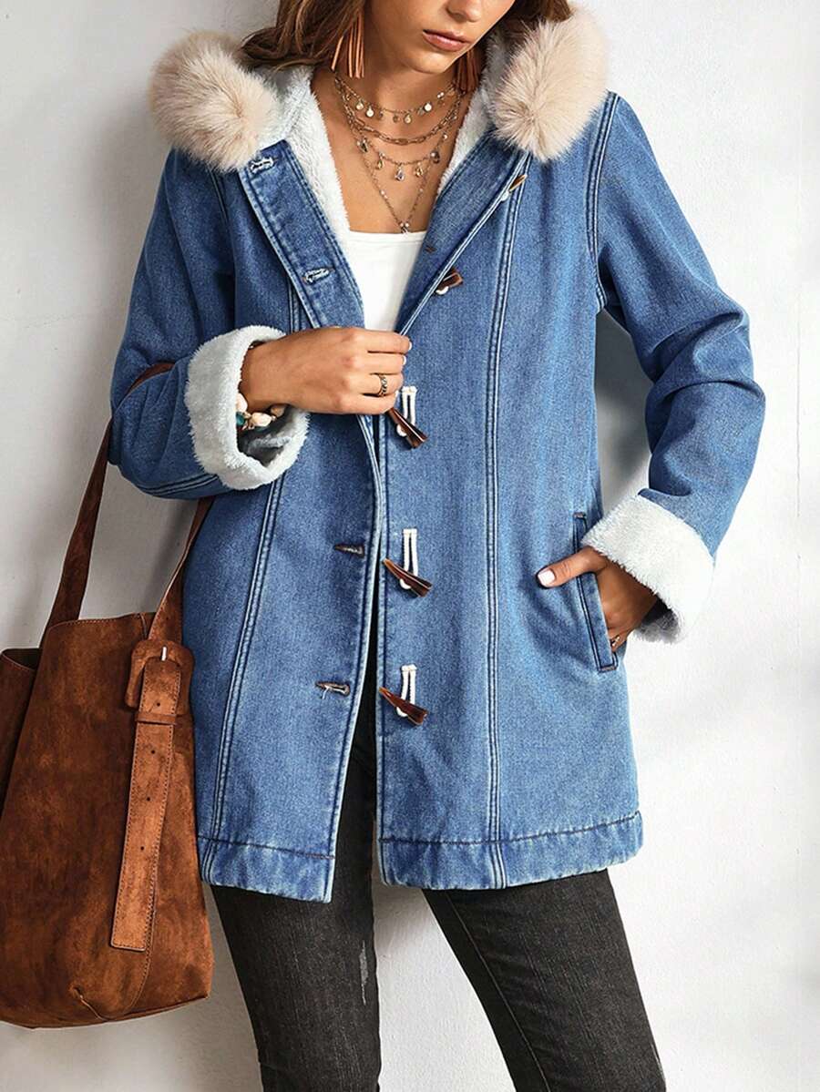 EMERY ROSE Women's Casual Denim Jacket With Fur Collar And Horn Buttons, Autumn/Winter - Blue - View 1