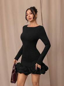 SHEIN PETITE Elegant Black Autumn Long-Sleeved Mini Dresses,Sweet Ballet Tulip,High-Quality Textures Christmas New Year Outfits,Bar Party Valentine's Day ,Petite Women - Black - View 5