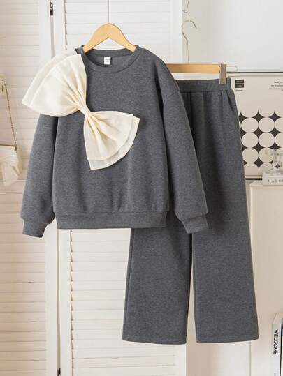 Genkimix Kids 2pcs/Set Tween GirlsCasual Loose Bowknot Round Neck Long Sleeve Sweatshirt And Wide Leg Pants, Suitable For Daily Wear
