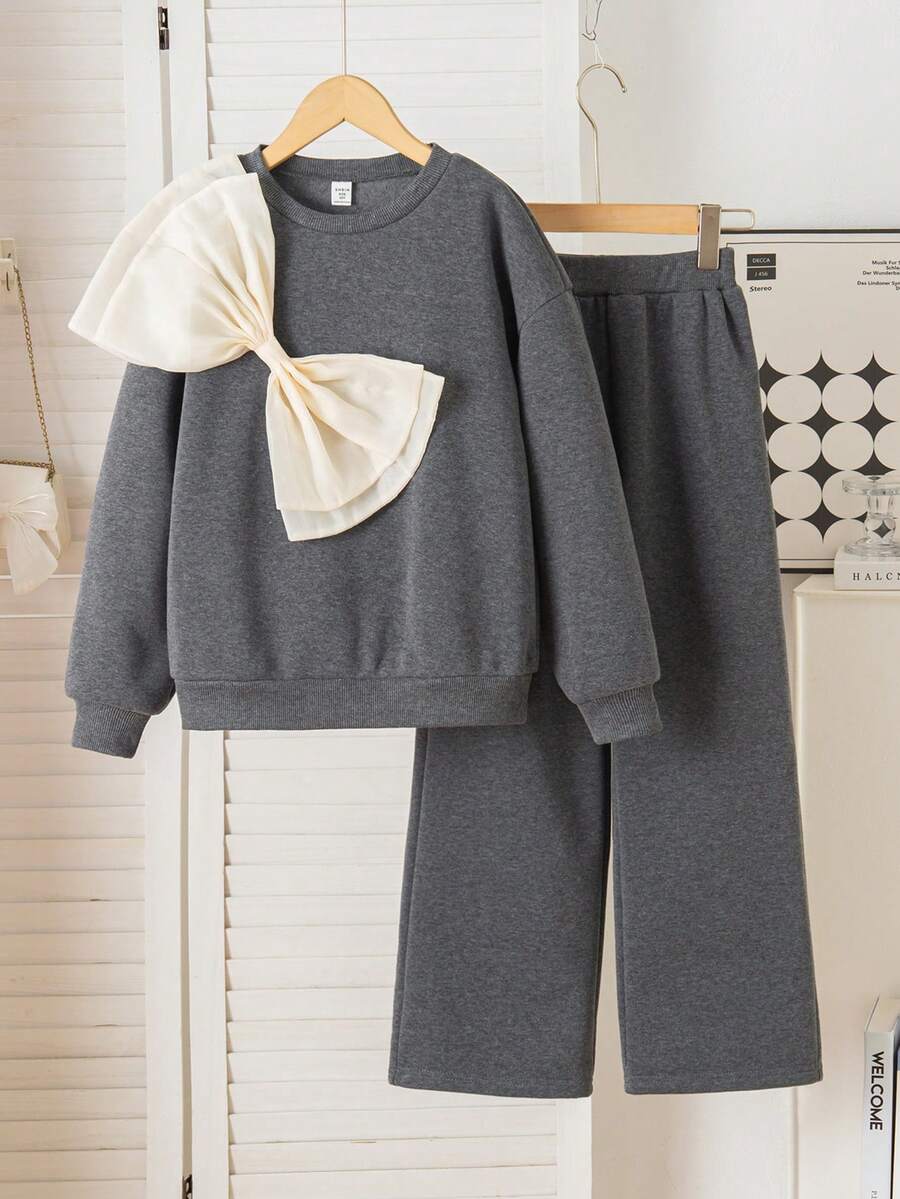 Genkimix Kids 2 件套青少年女孩休闲宽松蝴蝶结圆领长袖运动衫和阔腿裤，适合日常穿着 - 黑色 - 查看 1