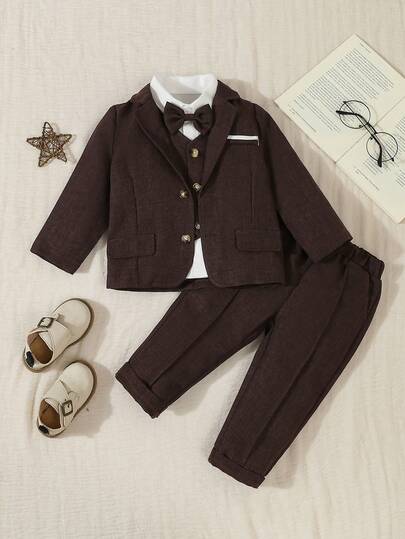 4pcs Back To School Children Boys Gentleman Outfit Set, Including Long Sleeve Shirt With Bowknot, Vest, Long Sleeve Blazer, Pants, Suitable For Birthday, Wedding, Christening And 1st Birthday Party, Children's Competition Performance Wedding Formal Suit