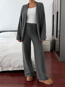 Livesso 女士宽松商务休闲针织开衫和直筒裤套装，秋冬优雅办公室装 - 深灰色 - 查看 4