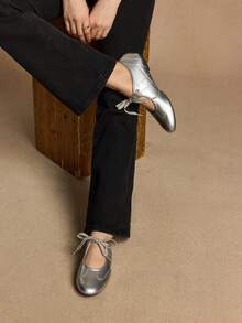 Rosivie 女士新款黑色圆头平底鞋，弹力皮革时尚芭蕾平底鞋，舒适防滑外底，适合户外、日常通勤、春夏季 - 銀色 - 查看 3