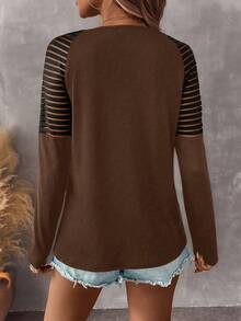 SHEIN LUNE Women's Autumn Splice Shoulder Zip V-Neck Raglan Long Sleeve Casual Knit T-Shirt - Brown - View 2