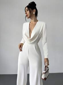 优雅现代通勤浪漫约会性感派对海滩度假深V领露背收腰长袖阔腿白裤，适合节日、婚礼、音乐节， - 杏色 - 查看 3