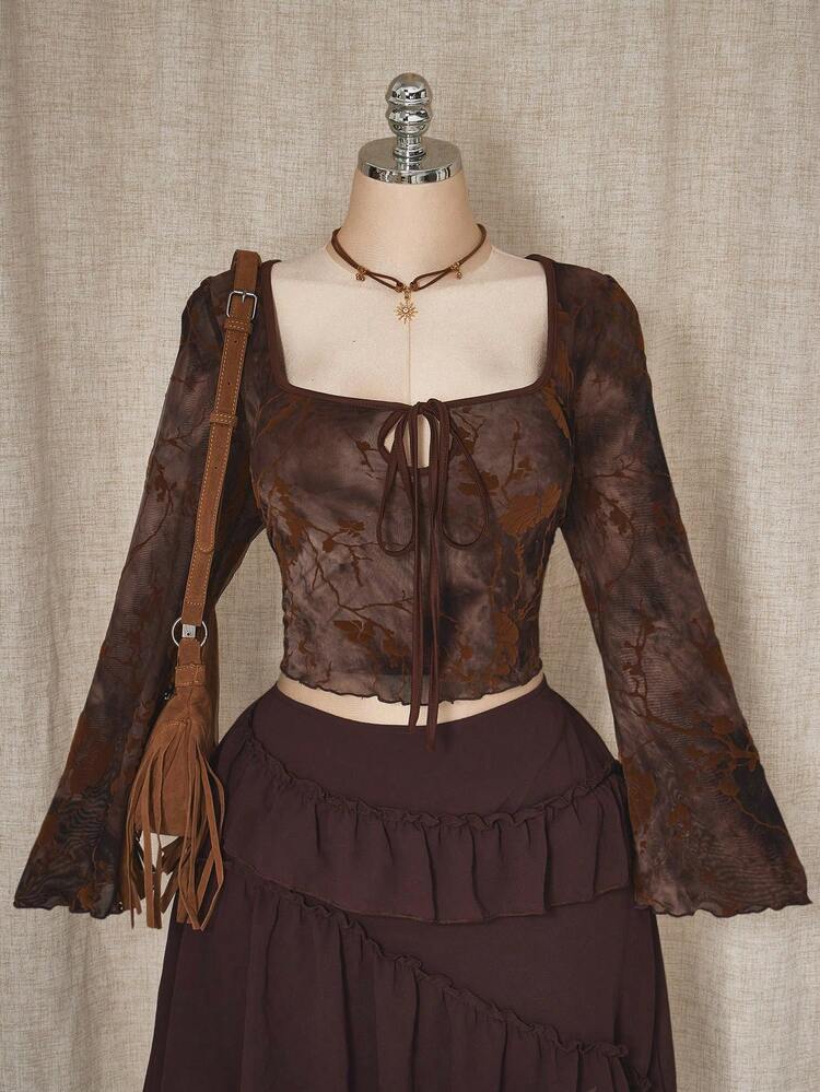 SHEIN ICON 女式秋冬碎花植绒烂花镂空系带领绿色衬衫 - 彩色 - 查看 10