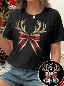 EMERY ROSE Christmas Antler Bow Creative Printed Casual Enhanced T-Shirt - Black - View 3