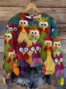 SHEIN LUNE 女士休闲简约印花宽松圆领长袖卫衣，动物印花、小鸡印花，适合秋冬季节、圣诞节等场合穿着。 - 彩色 - 查看 4