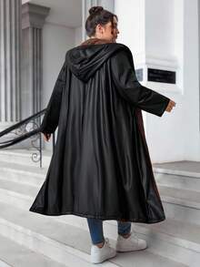 SHEIN CURVE+ Plus Size Front Zipper Long Sleeved Pocket Minimalist Black  Fabric Hooded Jacket, Casual Daily Autumn And Winter Wear, Autumn And Winter Long Jacket - Black - View 4