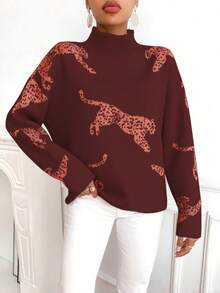 SHEIN Clasi Sweater Pullover Kasual Wanita Motif Leopard dengan Kerah Tegak - Coffee Brown - View 5