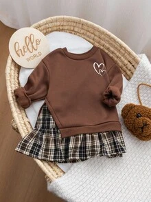 Firerie Kids Firerie Kids Young Girls Plush Thickened Sweatshirt Patchwork Plaid Skirt Sweatshirt Dress, Retro Fashion Versatile Casual Everyday Wear - Mocha Brown - View 3