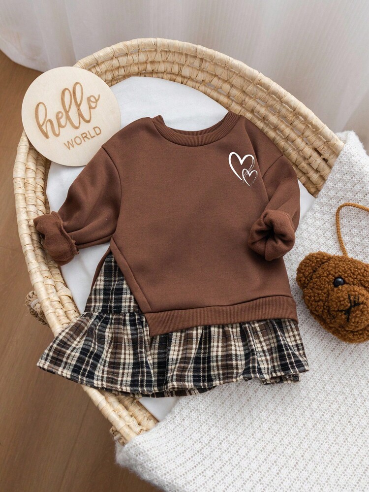 Firerie Kids Firerie Kids Young Girls Plush Thickened Sweatshirt Patchwork Plaid Skirt Sweatshirt Dress, Retro Fashion Versatile Casual Everyday Wear - Mocha Brown - View 3