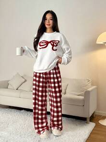 SHEIN PETITE 毛绒上衣和毛绒裤子家居套装 - 紅色 - 查看 5