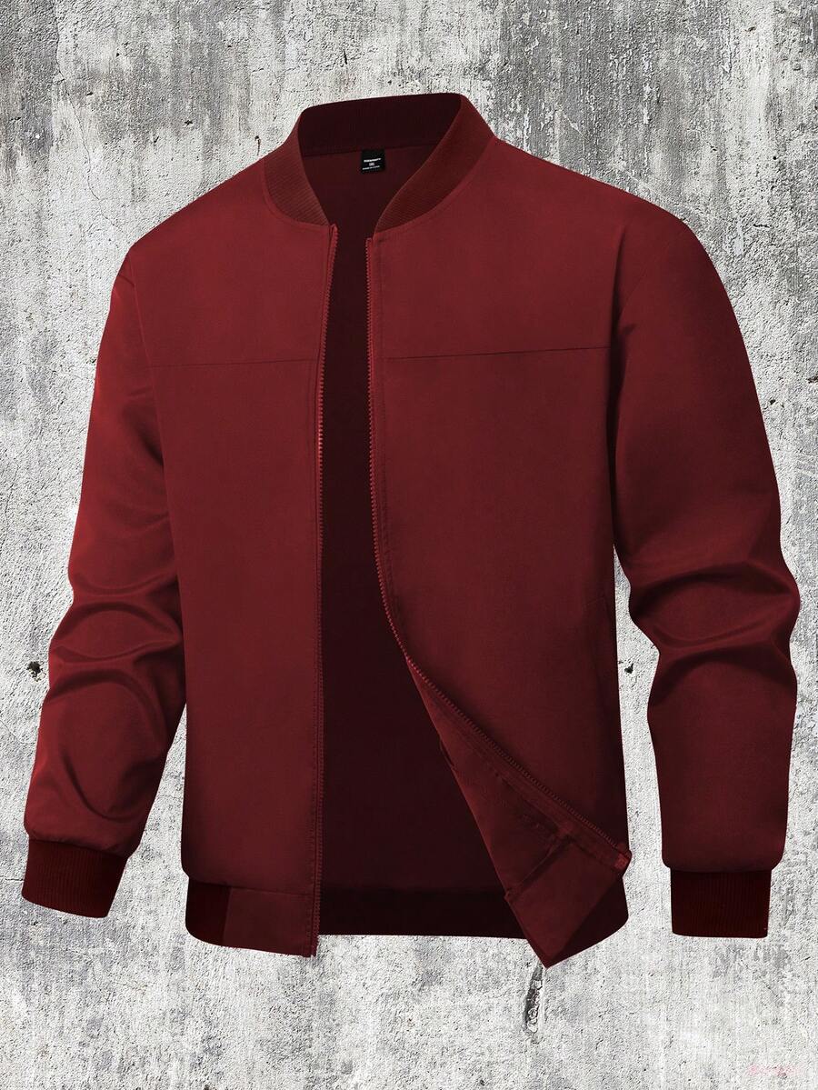 Manfinity Homme Plus Size Men's Casual Lightweight Solid Color Long Sleeve Jacket, Summer Men Red Bomber Jacket Red Varsity Jacket Men Zip Up Jacket Men Red Jacket Red Zip Up - Burgundy - View 1