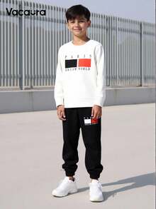 2pcs/Set Young Boys Fashion Casual Fleece Pullover Hoodie Sweatshirt And Solid Color Pants Set, Suitable For Boys Aged 4-7 Years Old In Spring, Autumn And Winter. The Front Contrasting Graphic Pattern Is Simple And Elegant, Matching With The Solid Color Pants, Creating A Casual And Comfortable Look For Everyday Wear In Spring, Autumn And Winter Seasons - White - View 7
