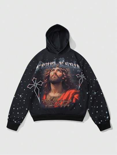 Men's Casual Slogan & Figure Print Long Sleeve Hoodie Sweatshirt, Autumn/Winter