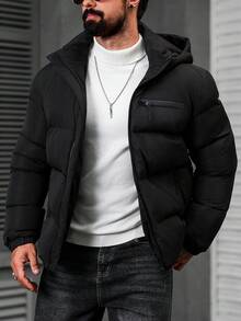 Manfinity CasualCool 男士纯色立领冬季夹克，男士冬季外套，纯色加绒保暖冬季外套，男士羽绒服，黑色男士夹克，男士外套，男士冬季服装，男士夹克和大衣 - 黑色 - 查看 6