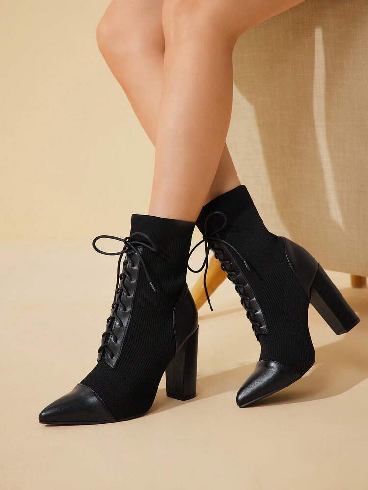 CUCCOO BASICS Pointed Toe Block Heel Black Elastic Fashion Mid-Calf Boots, Elegant For Commuting, Outing, Party Wear For Christmas Spring Shoes
