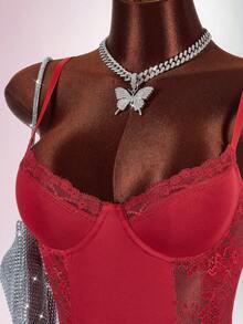 Amplova Bộ đồ liền thân màu trơn phối ren tương phản quyến rũ ôm eo dành cho nữ - Màu Đỏ Sâu - Xem 5