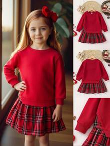 SHEIN Young Girls' Red Plaid Skirt Set,Long Sleeve Sweatshirt Dress,Winter Princess Outfit For Birthday & Back-To-School,Autumn Two Piece Kids Clothes Set - Red - View 12