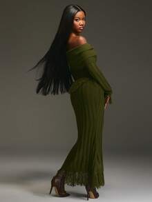 NYA SZN Đầm dệt kim tua rua, cá tính, gợi cảm, sang trọng, kín đáo, nổi bật, thích hợp cho bữa trưa, dịp đặc biệt, phong cách cô nàng sành điệu, vẻ ngoài Y2K cổ điển, mùa thu đông, phù hợp cho công sở, trang phục dành cho nữ. - màu xanh lá - Xem 2