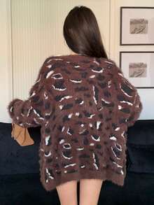DAZY Women's V-Neck Cardigan, Fuzzy Fashion Animal Print Leopard Pattern All-Over Print, Color Blocking, Suitable For Autumn & Winter - Chocolate Brown - View 4
