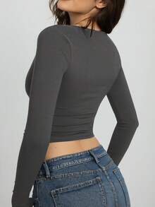 Women's Fashionable Sexy Solid Deep V-Neck Cropped T-Shirt - Grey - View 2