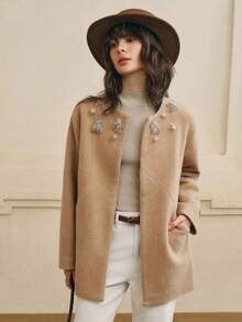 INAWLY Abrigo oversize de mujer de unicolor con cuello redondo y hombros caídos, de moda y versátil con tachuelas - Amarillo - Ver 3